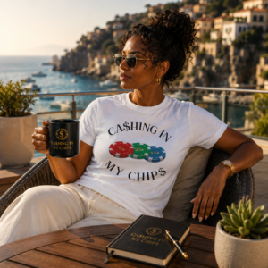 Stylish African American woman wearing a white Ca$hing In My Chip$ T-shirt with colorful poker chip graphic, relaxing on a luxury coastal terrace while holding a branded coffee mug overlooking the ocean.
