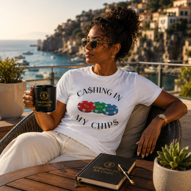 Stylish African American woman wearing a white Ca$hing In My Chip$ T-shirt with colorful poker chip graphic, relaxing on a luxury coastal terrace while holding a branded coffee mug overlooking the ocean.