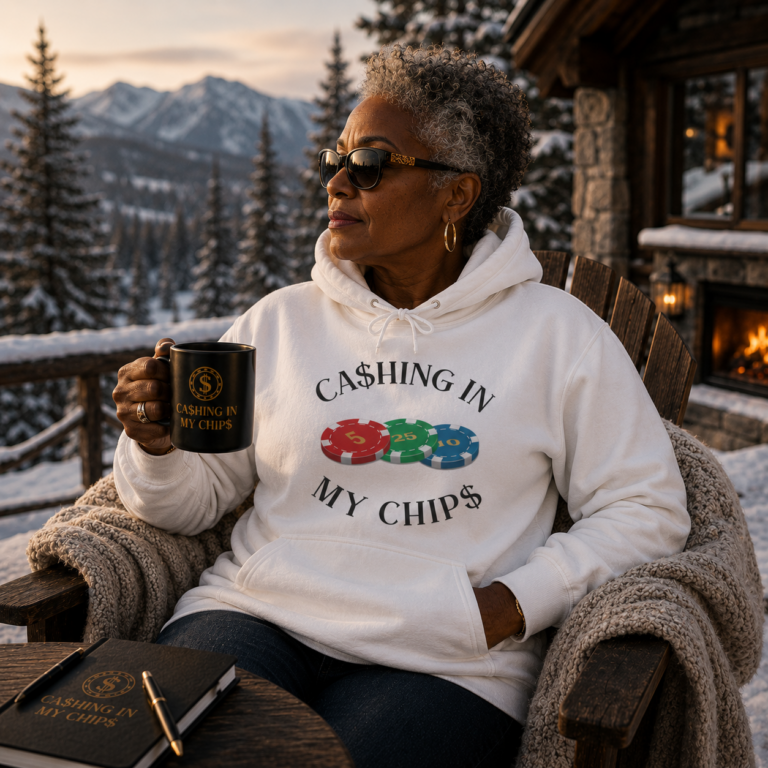 Elegant older African American woman wearing a white Ca$hing In My Chip$ hoodie while relaxing at a luxury mountain lodge overlooking snowy peaks and evergreen trees, holding a branded coffee mug.